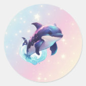 Sticker Rond Cute moderne Kawaii Orca tueur baleine rose et ble (Devant)