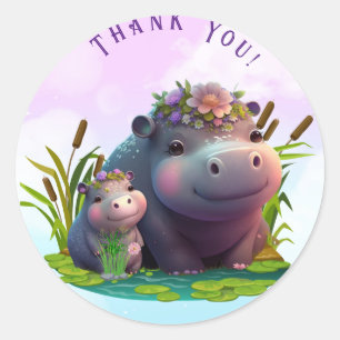 Sticker Rond Cute Mom and Baby Hippo Merci personnalisé