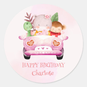 Sticker Rond Cute Monkey Race car Safari jungle fête d'annivers