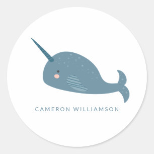Sticker Rond Cute Narwhal en bleu Personnalisé