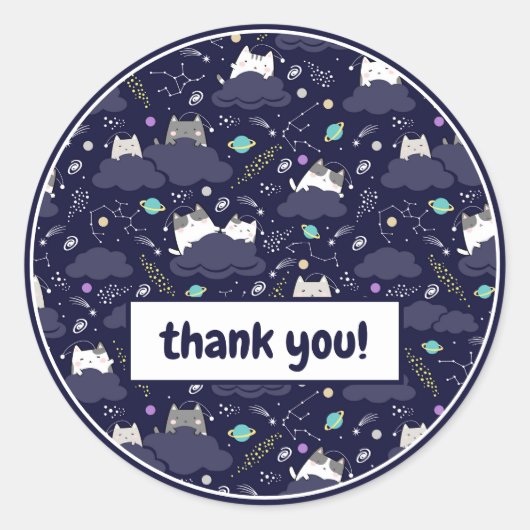 Sticker Rond Cute Navy Blue Space Kawaii Chats KittensMerci (Devant)