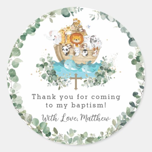 Sticker Rond Cute Noah's Ark Greenery Baptême Christening Favor (Devant)