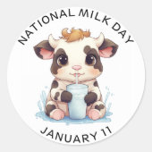 Sticker Rond Cute Noir & Blanc Kawaii Bébé Vache Boire Lait (Devant)