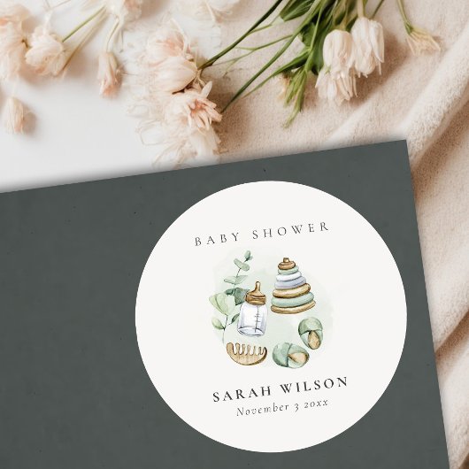 Sticker Rond Cute Nursery Essential Baby shower vert feuille