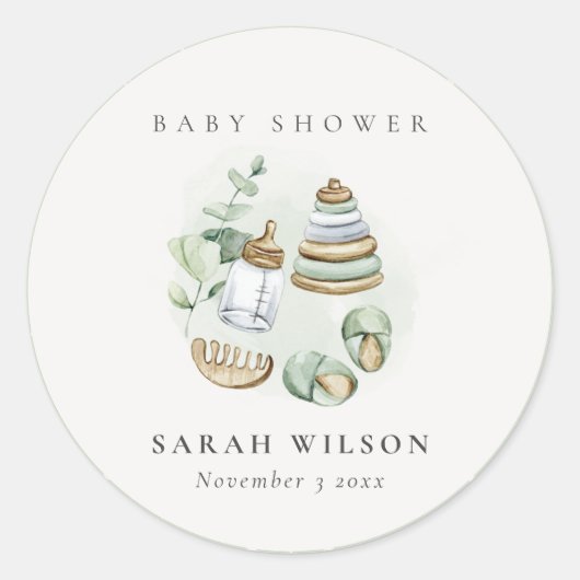 Sticker Rond Cute Nursery Essential Baby shower vert feuille (Devant)