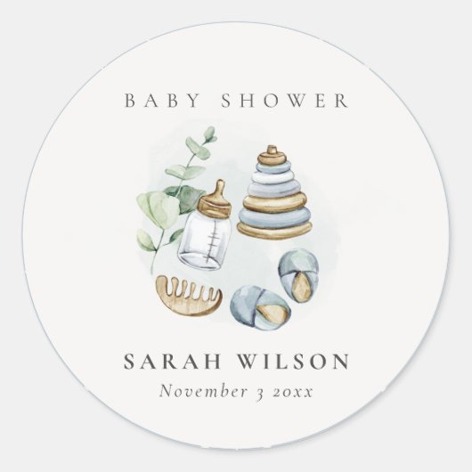 Sticker Rond Cute Nursery Essential Leafy Blue Boy Baby shower (Devant)