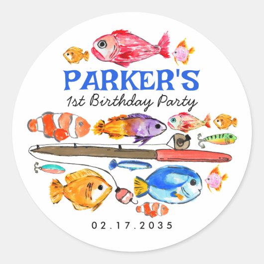 Sticker Rond Cute O-Fish-al Reel Amusant Pêche Poisson Annivers (Devant)