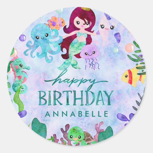 Sticker Rond Cute Ocean Animals Mermaid Thème Joyeux Anniversai (Devant)