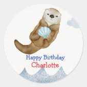 Sticker Rond Cute Ocean Otter Scallops fête d'anniversaire (Devant)