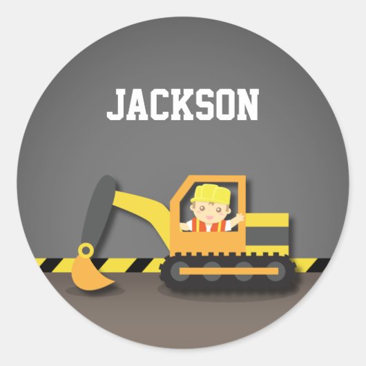 Sticker Rond Cute Orange Excavator Construction Builder Garçon (Devant)