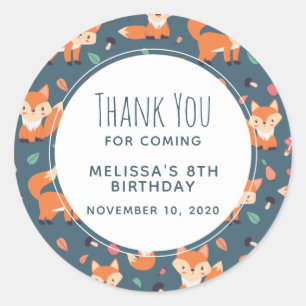 Sticker Rond Cute Orange Fox Animal Motif Anniversaire Merci
