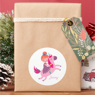 Sticker Rond Cute Orange Haired Girl équitation sur une licorne