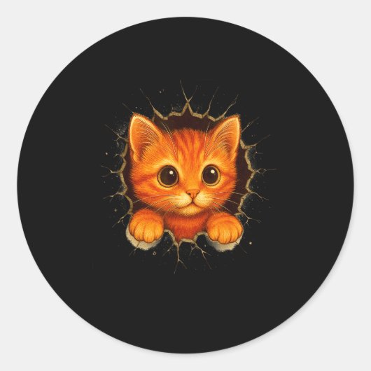Sticker Rond Cute Orange Kitten Cracks Mug Wall Funny Cat Lover (Devant)