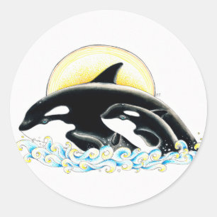 Sticker Rond Cute Orca baleine Art de l'encre de famille