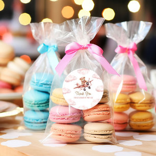 Sticker Rond Cute Ours avion rose fille Merci Baby shower