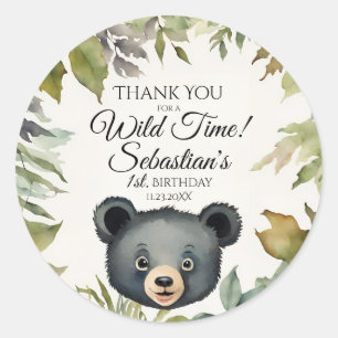 Sticker Rond Cute Ours Noir Merci de bois Anniversaire