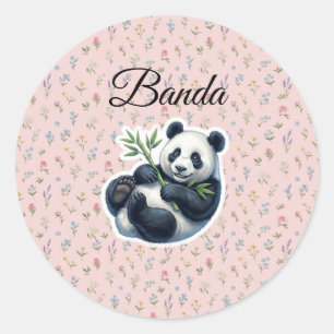 Sticker Rond Cute Ours Panda Aquarelle Tenant Bambou Vinyle St