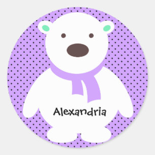 Sticker Rond Cute Ours Polaire sur Lilac, Ajouter un nom