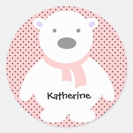 Sticker Rond Cute Ours Polaire sur Rose, Ajouter un nom (Devant)