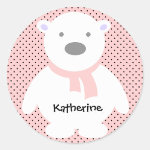 Sticker Rond Cute Ours Polaire sur Rose, Ajouter un nom