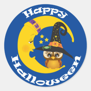 Sticker Rond Cute Owl et Moon Halloween