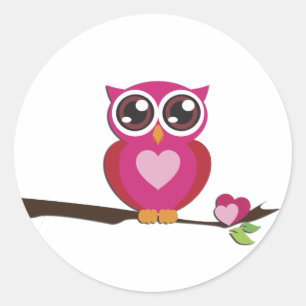 Sticker Rond Cute Owl Love Hearts Girl Retro