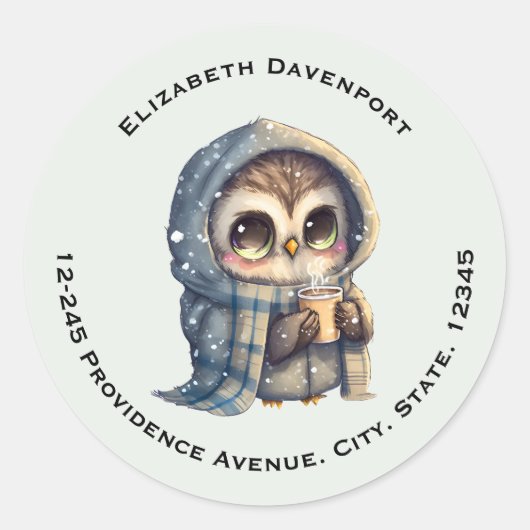 Sticker Rond Cute Owl tenant une adresse café (Devant)