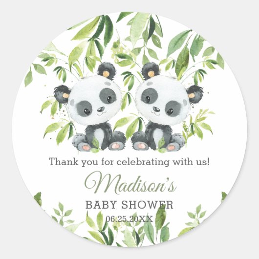 Sticker Rond Cute Panda Bamboo Baby shower vert Twins (Devant)