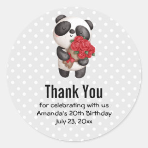 Sticker Rond Cute Panda Bear avec Rose Bouquet Anniversaire