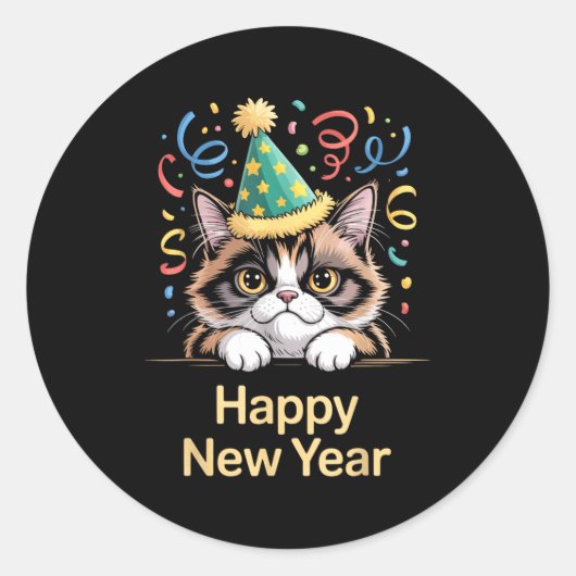 Sticker Rond Cute Party Cat Happy New Year Funny New Year’s Eve (Devant)