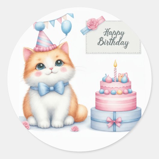 Sticker Rond Cute Pastel Kitten Gâteau d'anniversaire - Anniver (Devant)