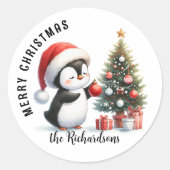 Sticker Rond Cute Penguin Moderne Personnalisé Joyeux Noël (Devant)