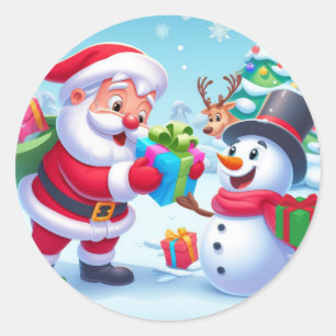 Sticker Rond Cute Père Noël et Snowman