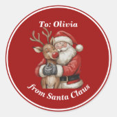 Sticker Rond Cute Père Noël & Reindeer Hug Custom Red Christmas (Devant)