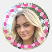 Sticker Rond Cute Personalized Photo Love Heart Pink (Devant)