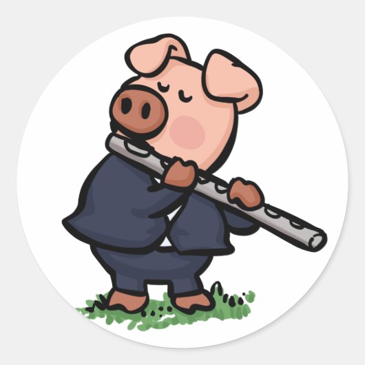 Sticker Rond Cute Pig jouant de la bande dessinée de flûte | ch (Devant)