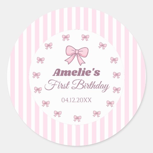 Sticker Rond Cute Pink Bow First Birthday  (Devant)