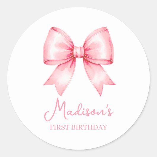 Sticker Rond Cute Pink Bow Girl First Birthday (Devant)