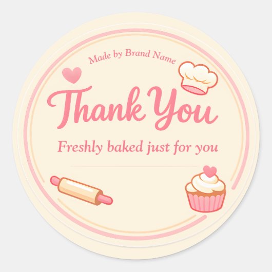 Sticker Rond Cute Pink Cupcake and Rolling Pin Bakery Thank You (Devant)