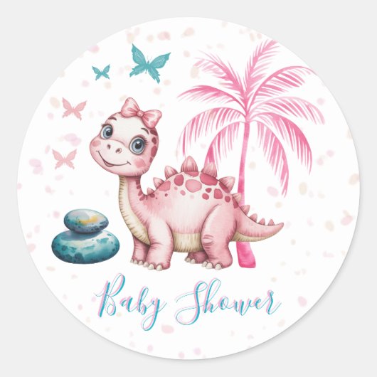 Sticker Rond Cute Pink Dinosaur Baby Shower (Devant)