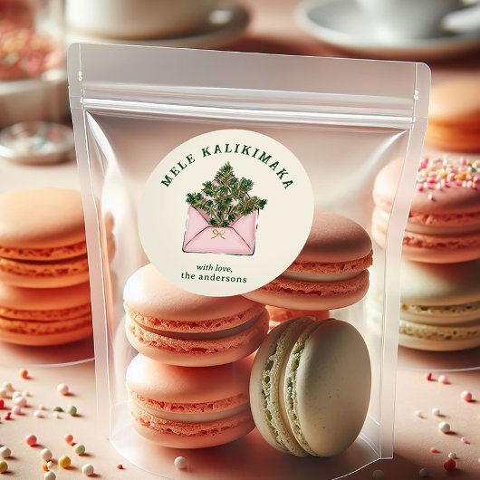 Sticker Rond Cute Pink Envelope Holly Greenery Mele Kalikimaka