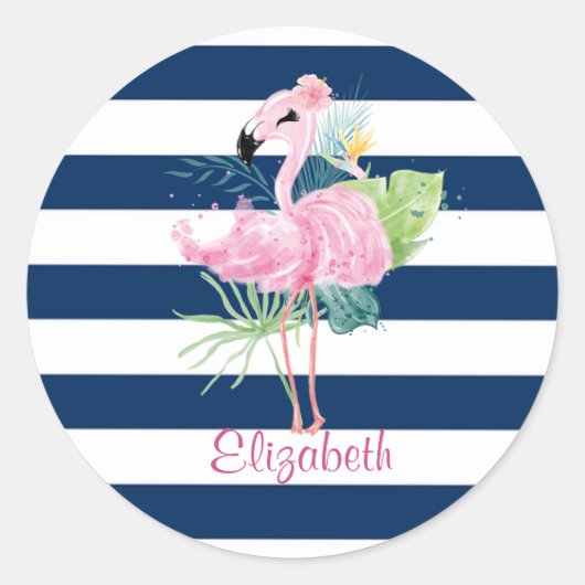 Sticker Rond Cute Pink Flamingos Tropical Leaf, Striped (Devant)