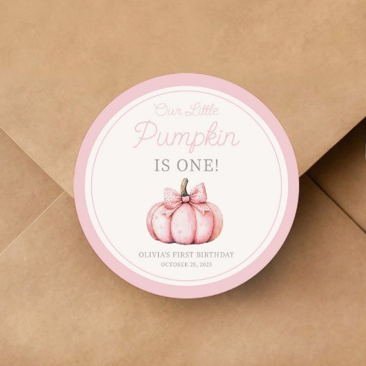 Sticker Rond Cute Pink Pumpkin Girl First Birthday
