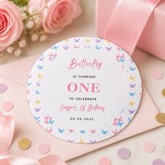 Sticker Rond Cute Pink Purple Butterfly 1st Birthday for Girls