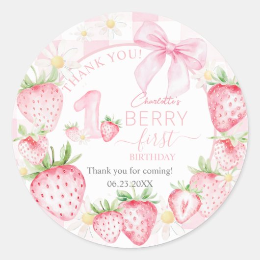 Sticker Rond Cute Pink Strawberries Berry First 1st Birthday (Devant)
