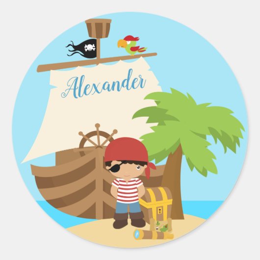 Sticker Rond Cute Pirate Boy & A Big Ship Custom (Devant)