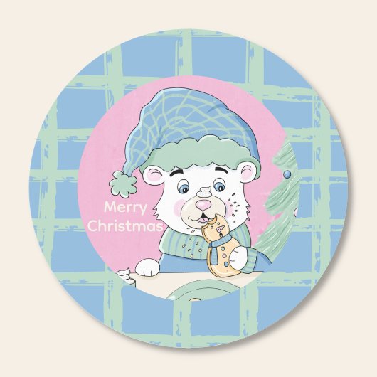 Sticker Rond Cute Polar Bear Cub avec Cookie Christmas Stick