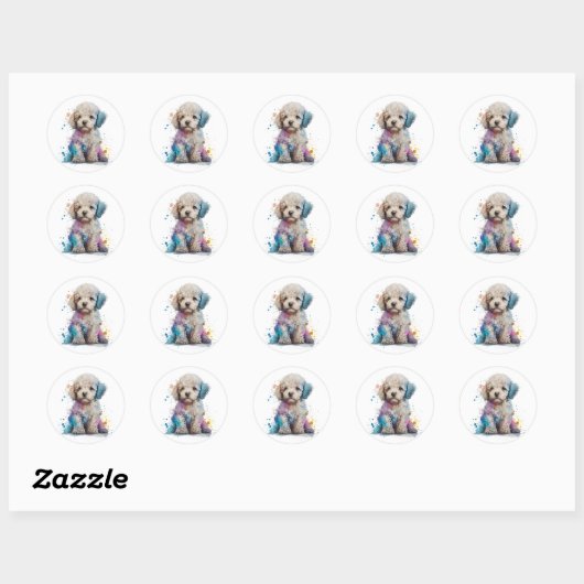 Sticker Rond Cute Poodé Chiot Aquarelle Art (Feuille)