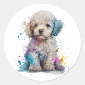 Sticker Rond Cute Poodé Chiot Aquarelle Art (Devant)
