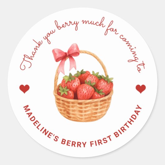 Sticker Rond Cute Preppy Berry First Birthday Strawberry Favor (Devant)